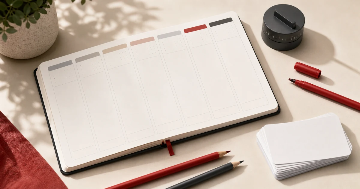 Daily IELTS study plan shown as seven blank planner columns with pencils, study cards, and a timer on a warm cream desk