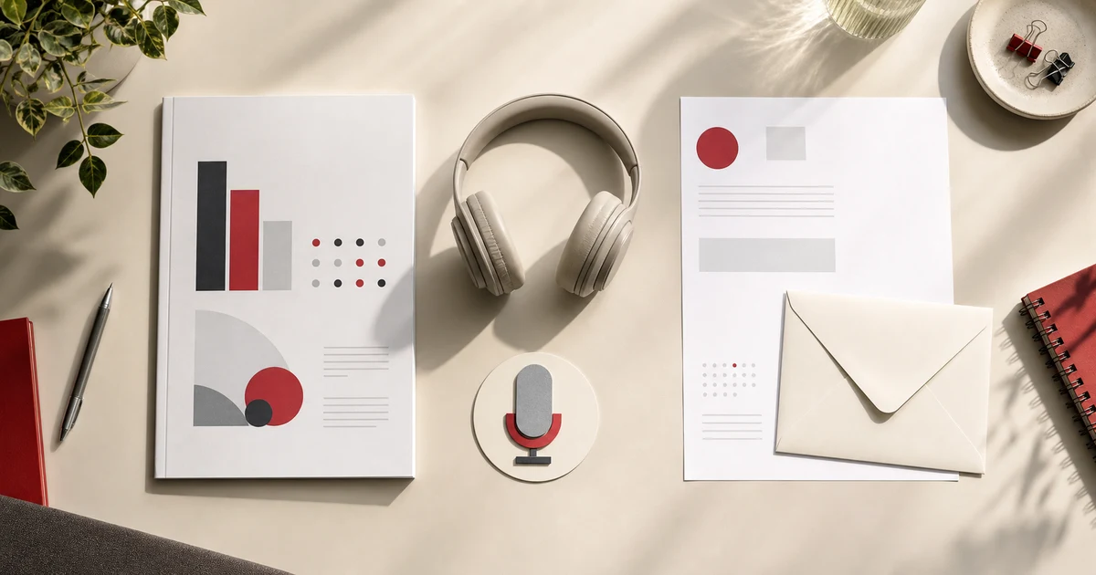 IELTS Academic vs General Training comparison with an abstract academic booklet, letter and envelope, headphones, and microphone on a cream desk