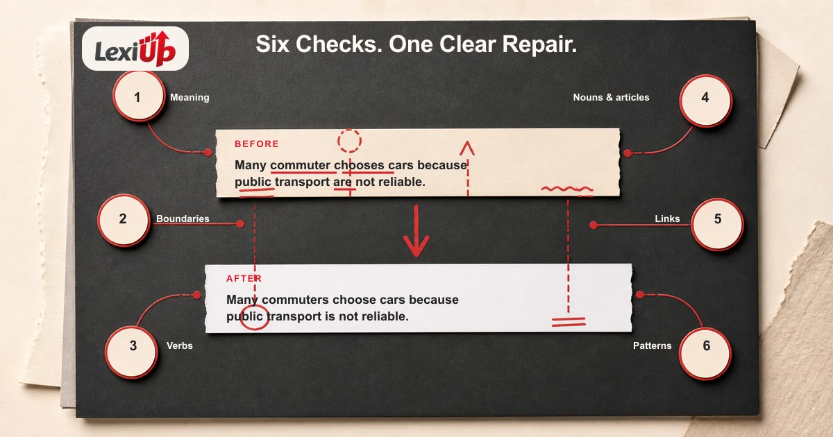 IELTS grammar correction board showing one original sentence repaired through six self-editing checks
