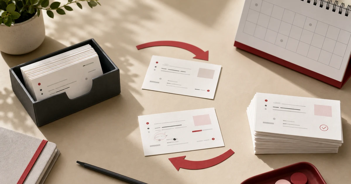 IELTS mistake review shown as organised correction cards, red review arrows, a calendar, and a completed card stack on a cream desk