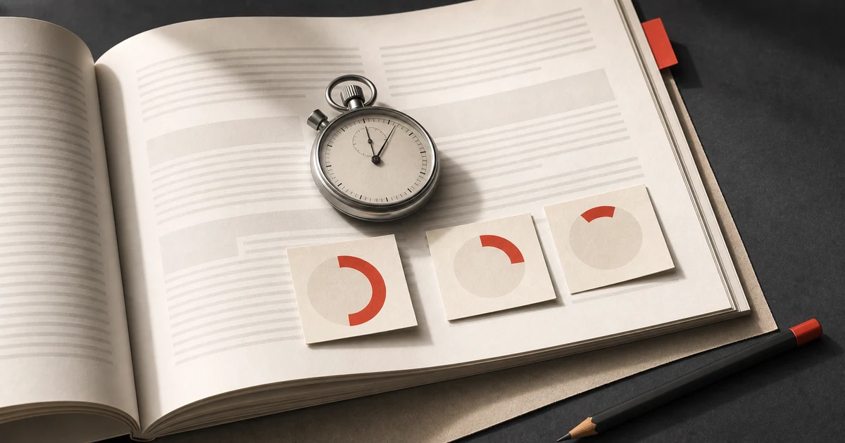 IELTS Reading time management study desk with a timer, reading page, and calm red focus pathway
