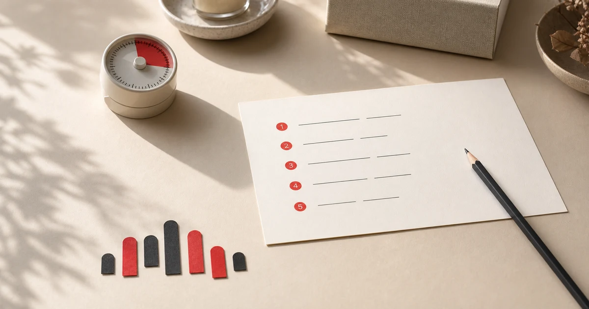 IELTS Speaking Part 2 preparation cue card with five short note lines, a one-minute timer, a pencil, and a red speech wave on a cream desk