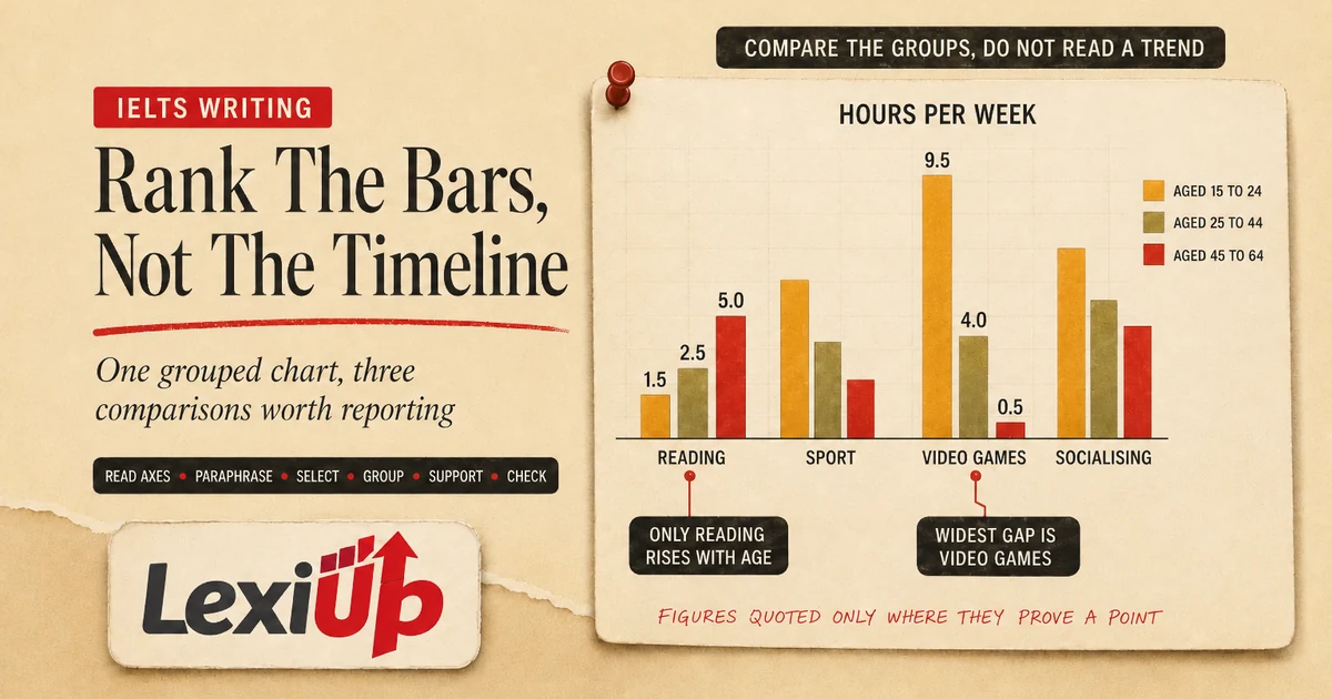 Gráfico de barras do Writing Task 1 com horas semanais de lazer por faixa etária e as três comparações que valem relatar