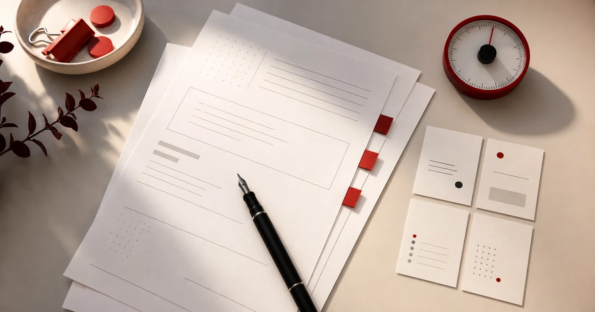 IELTS Writing Task 2 Band 7 planning pages, criterion cards, fountain pen, red tabs, and timer on a warm cream desk