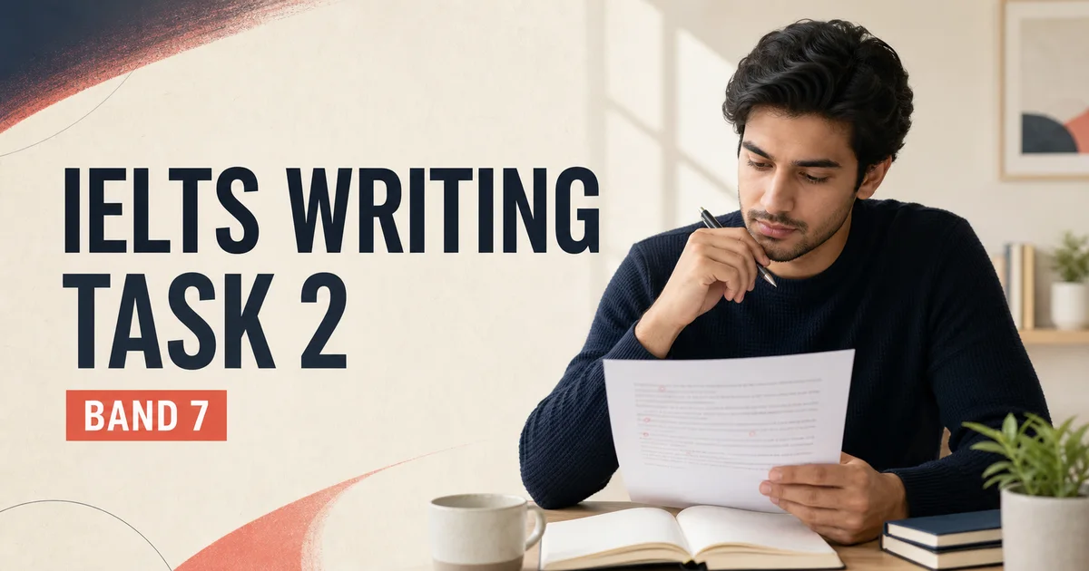 IELTS Writing Task 2 Band 7 guide with a learner reviewing an essay