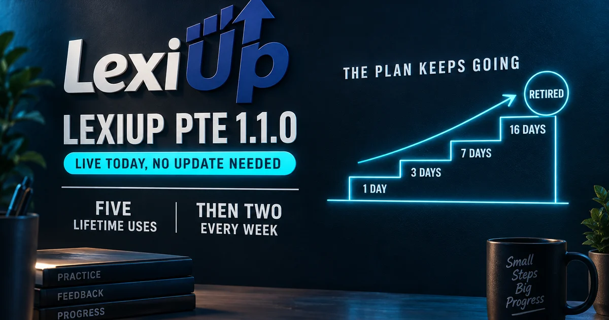 LexiUp PTE 1.1.0: five lifetime AI feedback uses and then two every week, beside a four step review ladder at one, three, seven and sixteen days