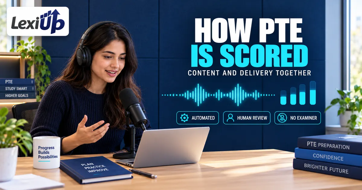 PTE AI scoring illustrated as a spoken response being assessed against multiple criteria at once, with a human review step before the score is final