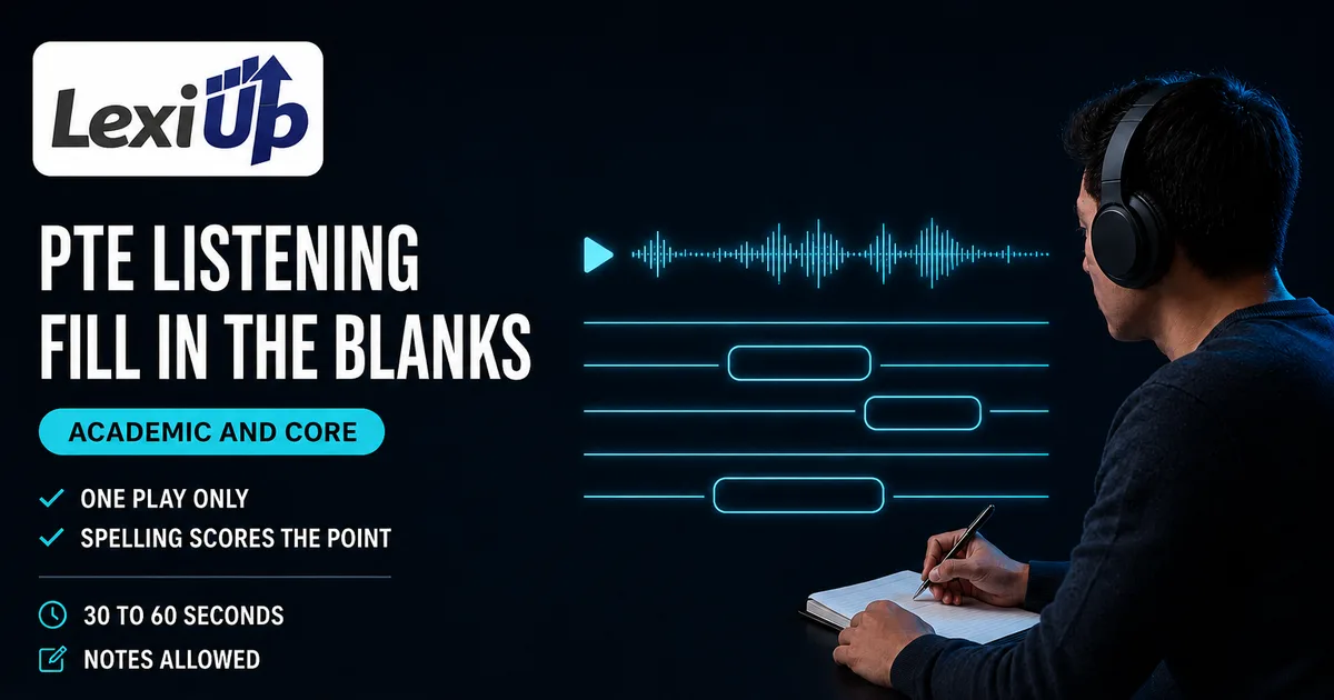 PTE Listening Fill in the Blanks 练习画面：带空格的文稿、只播放一次的音频波形，以及正确输入的缺失单词
