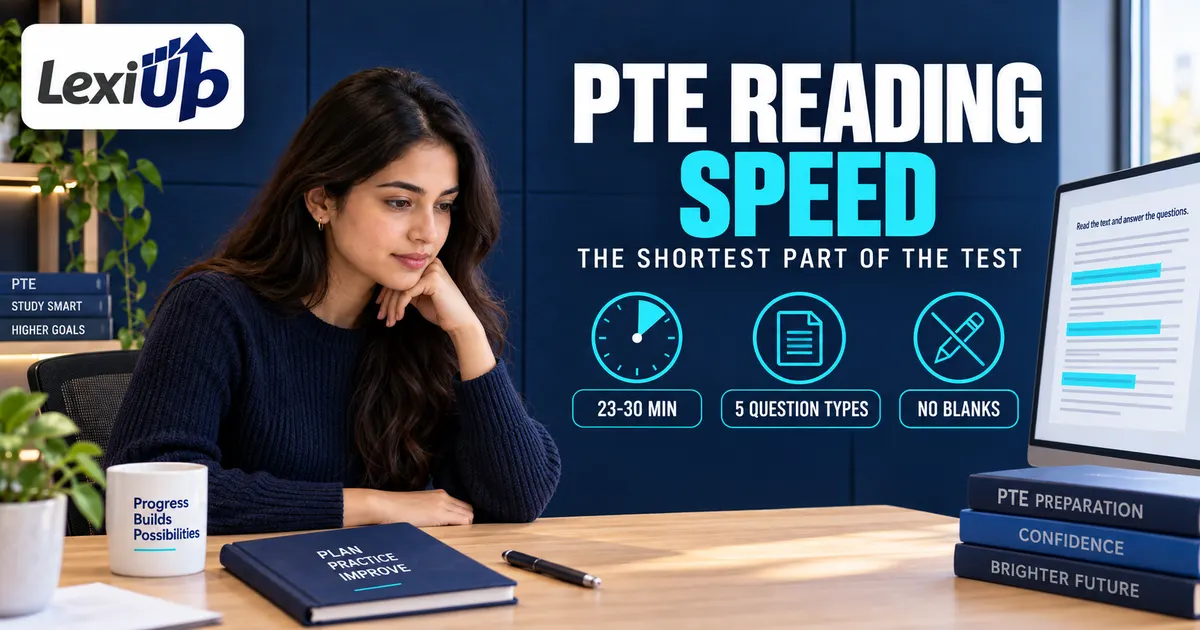 PTE reading speed shown as a passage being scanned in meaning groups with a per-item time budget beside the five Reading question types