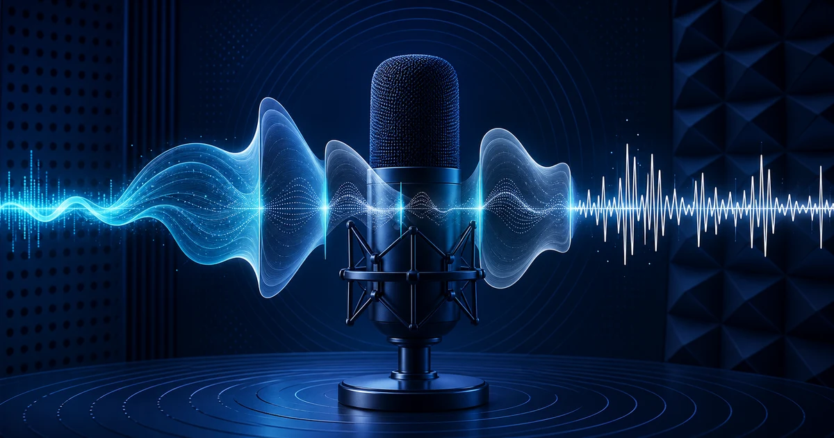 PTE Repeat Sentence practice com microfone e ondas que passam da escuta em grupos para uma repetição clara