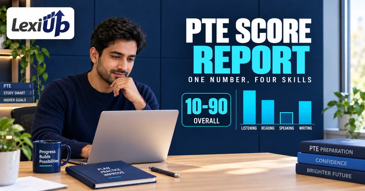 PTE score report shown with the overall 10 to 90 score beside the communicative skills breakdown and the Skills Profile recommendations
