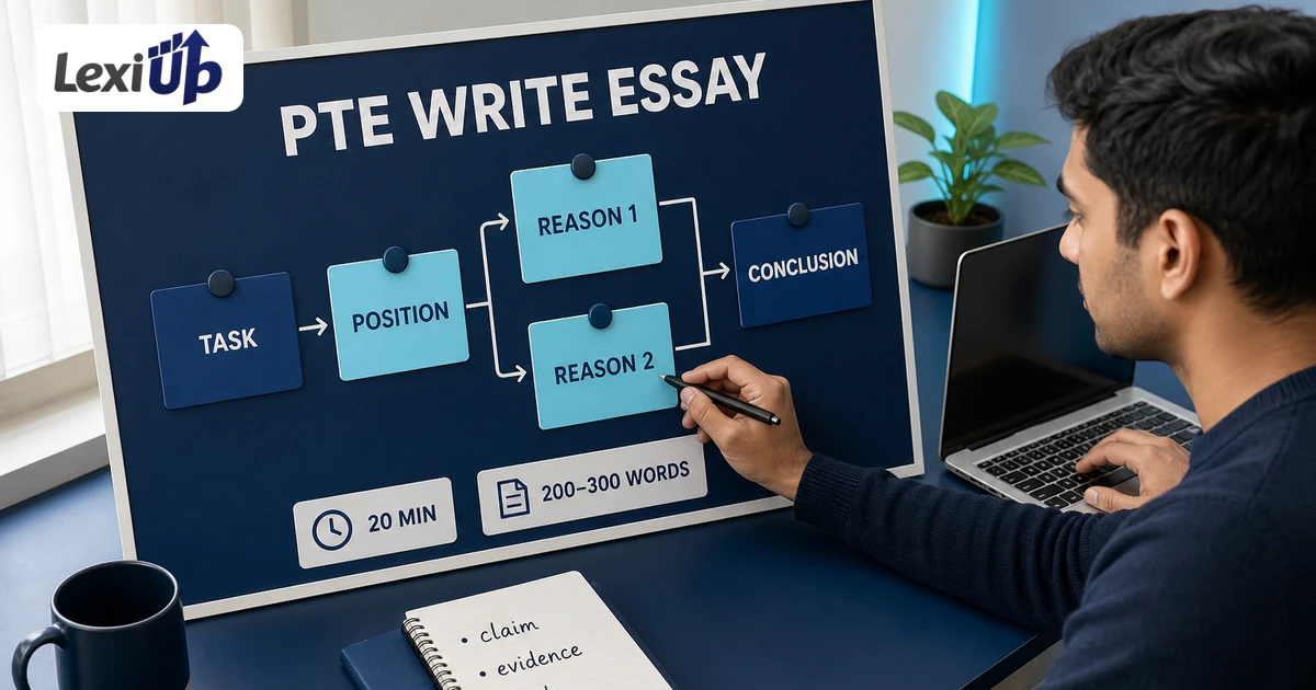 Espaço de prática PTE Write Essay com tarefa, posição, duas razões, conclusão, 20 minutos e meta de 200–300 palavras
