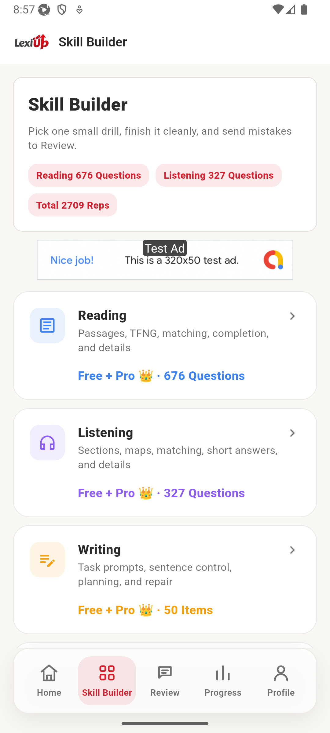 Earlier LexiUp Skill Builder hub showing top-level practice categories.
