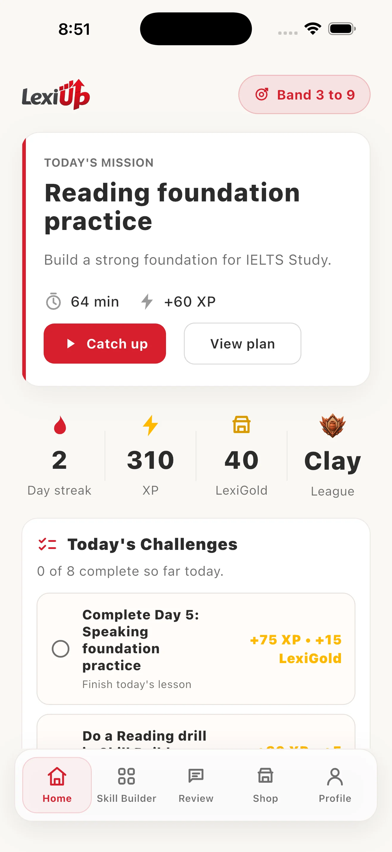 LexiUp app home screen showing today's IELTS mission