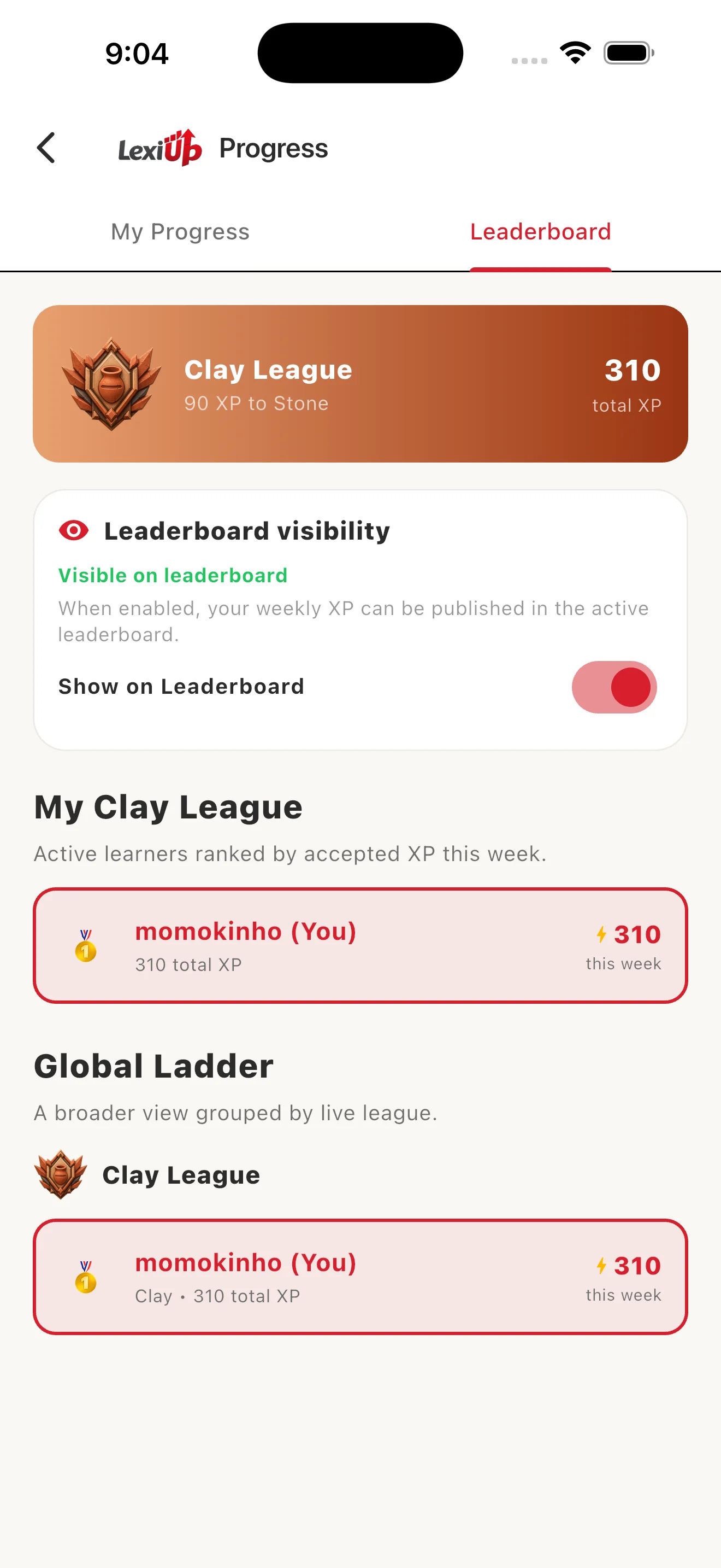 LexiUp Leaderboard screen showing Clay League visibility and weekly XP ranking