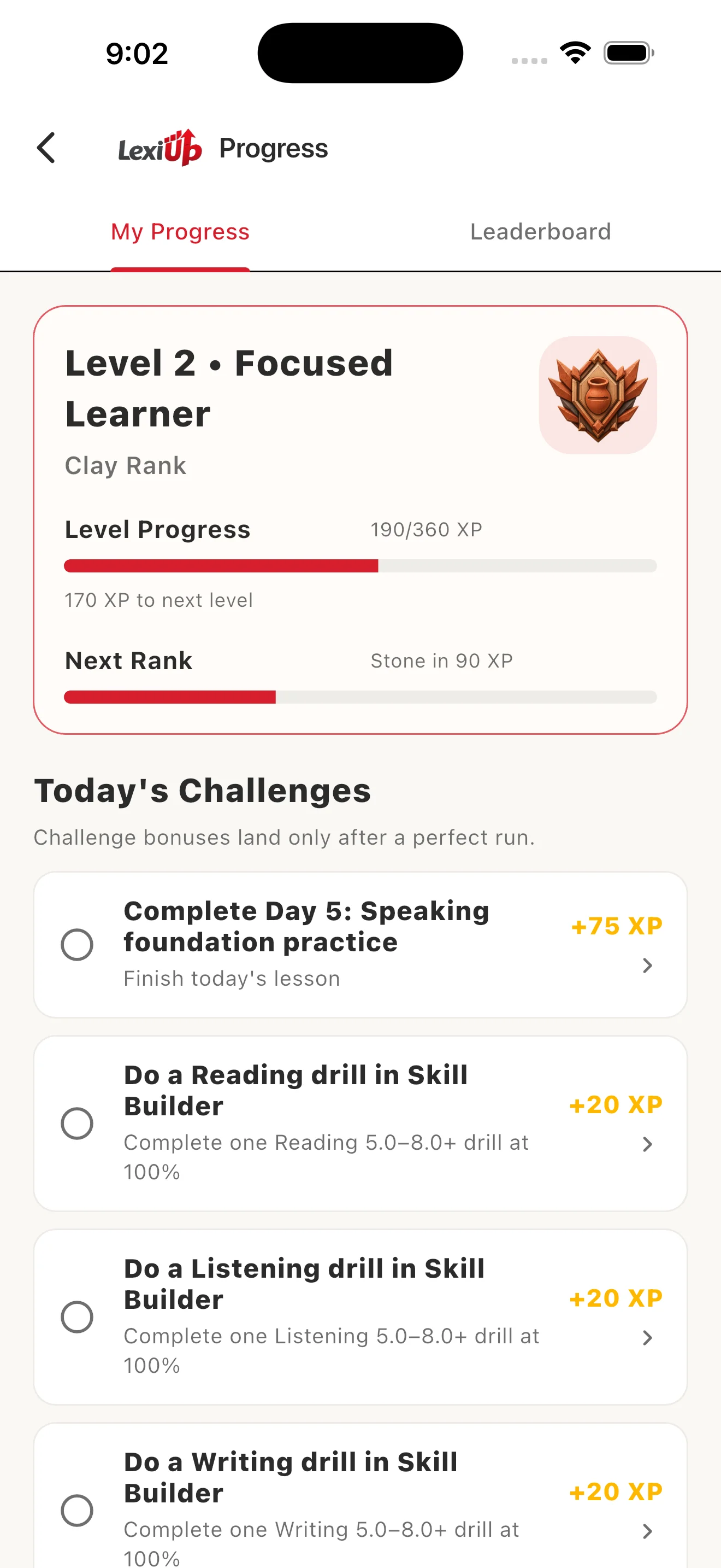 LexiUp Progress screen showing level progress, rank progress, and today's challenge bonuses