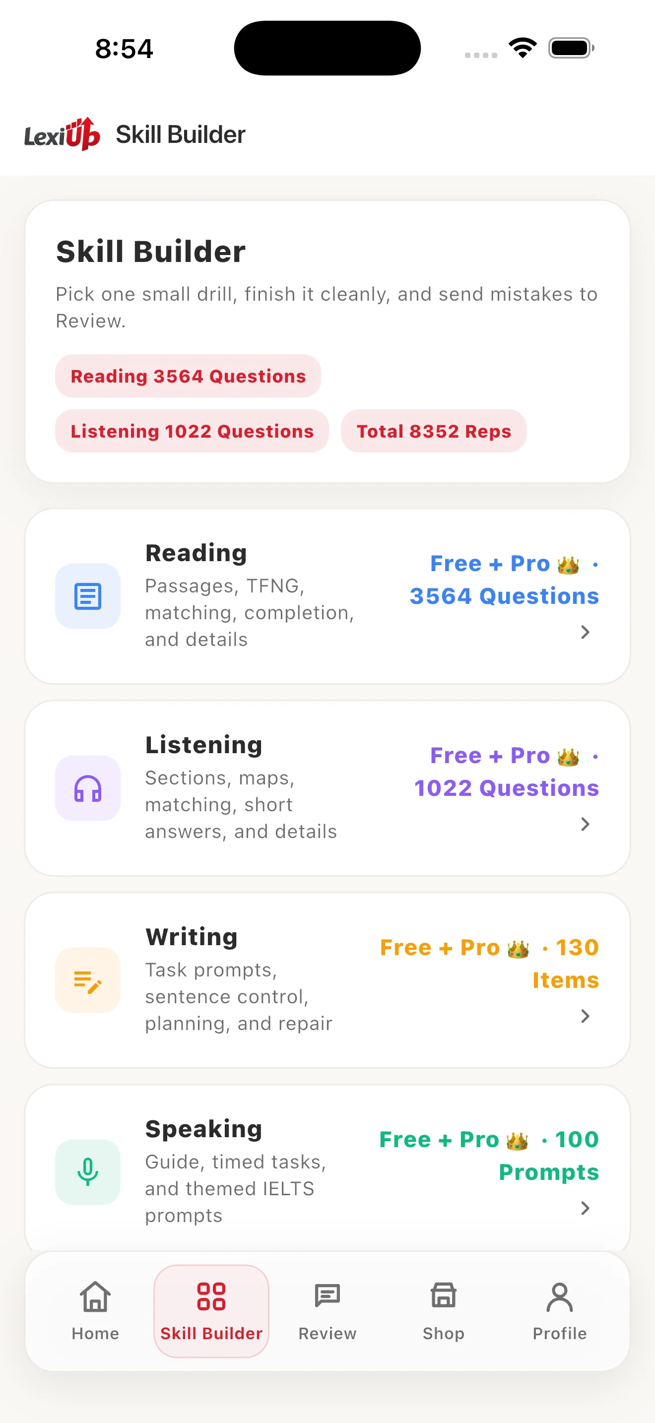 LexiUp Skill Builder screen with IELTS Reading, Listening, Writing, Speaking, Vocabulary, and Grammar drills